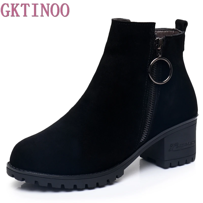 GKTINOO Stivaletti con plateau da donna Punta tonda Scarpe invernali in pelle scamosciata di mucca Stivali da donna in vera pelle Stivali autunnali