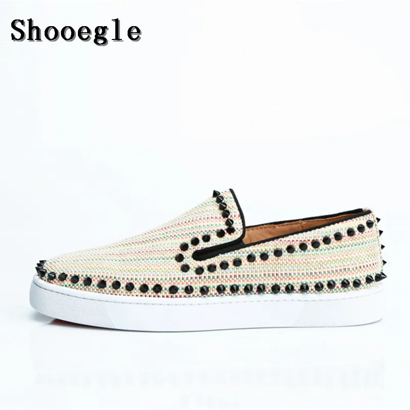 

SHOOEGLE Men Rivet Flat Canvas Slip-on Sneakers Spike Shoes Low Top Printing Men Runway Chaussures Hommes Big Size EU38-EU47