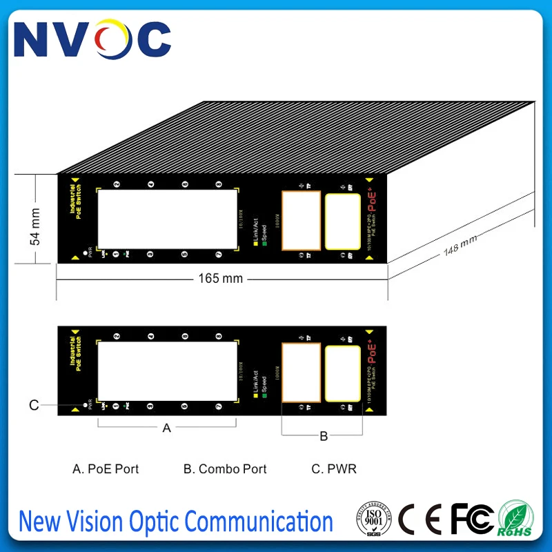 10port 10/100M Unmanaged Two-layer Industrial PoE Switch with 8*10 RJ45 Ethernet Ports, 2*Gigabit TP/SFP Combo, 30W