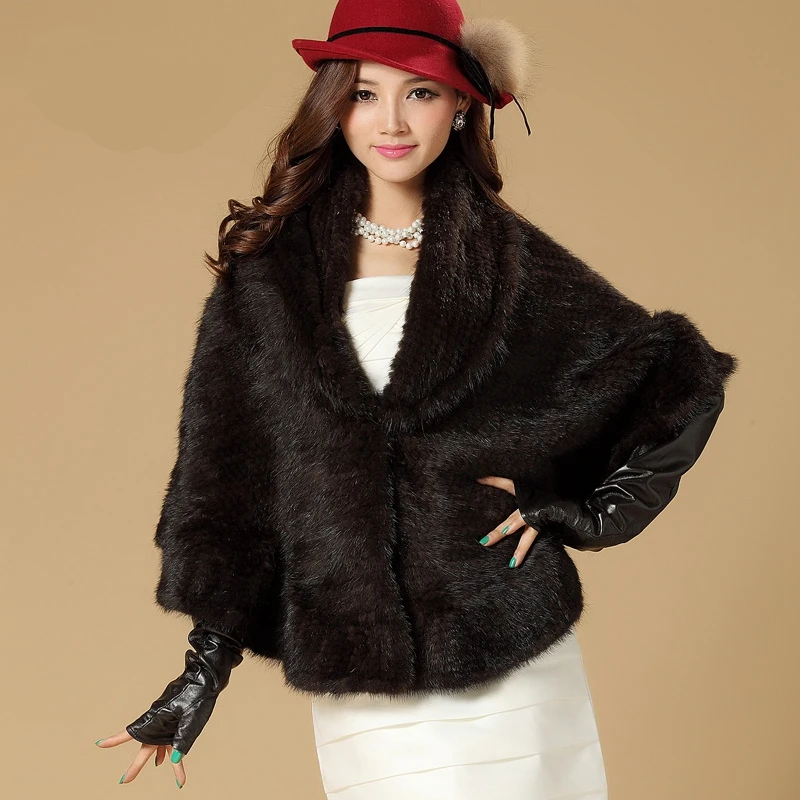 

Luxury Autumn Winter Ladies' Genuine Real Knitted Mink Fur Shawls Women Fur Wraps Female Pashmina Capes VF0476