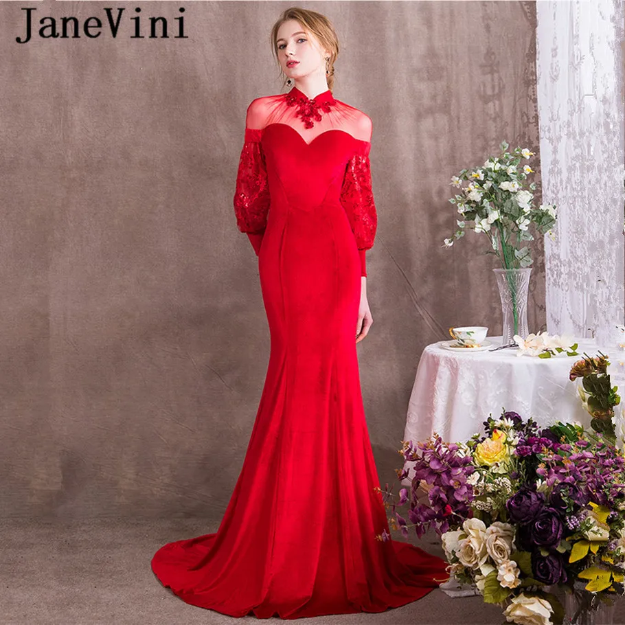 Janeini-vestido de dama de honra, mangas longas, com lantejoulas, gola alta, veludo formal, elegante, vestido de baile