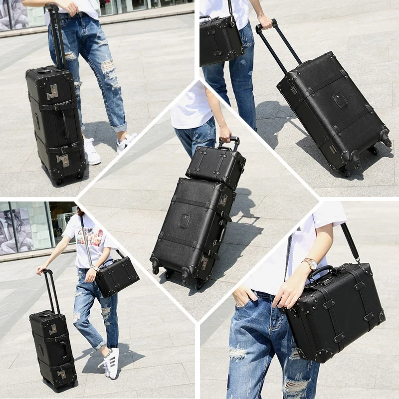 Maleta giratoria de cuero con ruedas para hombre y mujer, bolso de viaje con ruedas, Retro, novedad