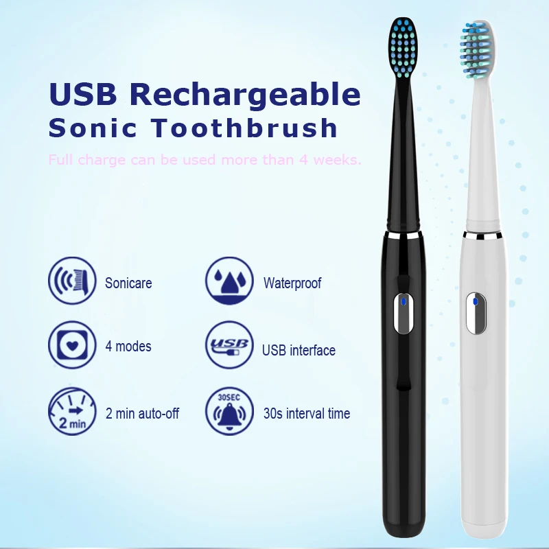 Seago SG-551 Sonic Adult Electric Toothbrush Smart Timer 4 Modes Deep Oral Clean USB Rechargeable Toothbrush with 3 Brush Heads