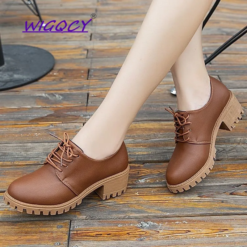 Round Toe Leather Square heel Lace-Up Mary Janes Platform pumps women shoes 2019 summer shoes woman British Wind Student shoes