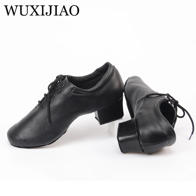 WUXIJIAO-zapatos de baile de salón de cuero auténtico para hombre, calzado de baile latino de 4,5 cm, personalizable