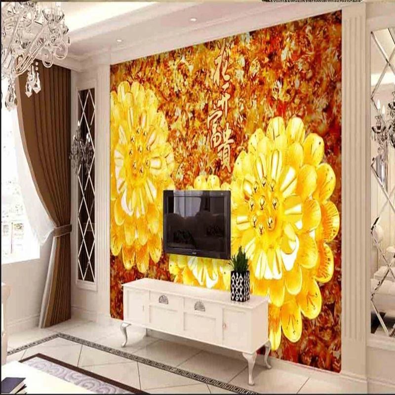 beibehang 3d gorgeous golden jewelry blooming rich TV background wall custom large fresco green wallpaper papel de parede