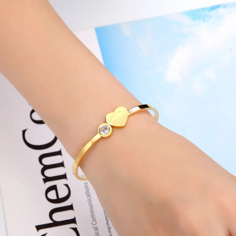 Open Spring Bangle Crystal And Engraving Forever Love Heart Brand Bangle For Women High Quality Titanium Steel Jewelry For Gift