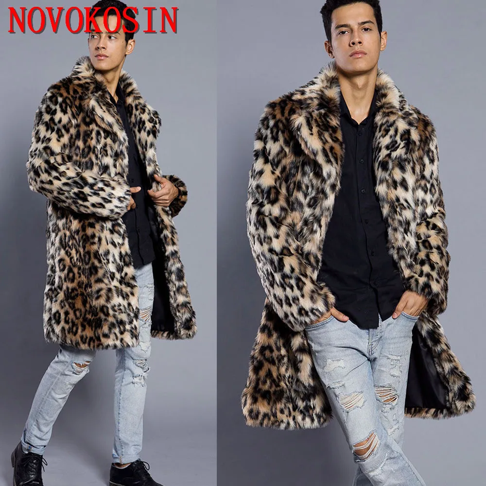 S-6XL Men Faux Rabbit Fur Suit Neck Cardigan Thicken Long Fur Trench Winter Warm Plus Size Open Stitch Leopard Plush Coat