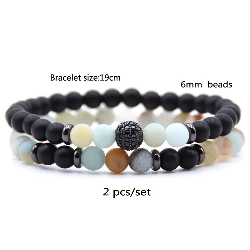 2pc/sets Natural stone Bracelet men Micro Pave CZ 8mm Disco Ball Charms Bracelets for women Men jewelry viking bijoux