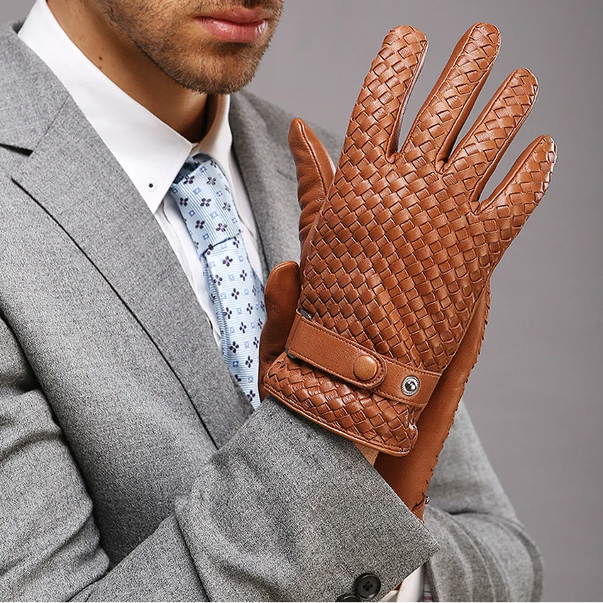 Men Gloves High-end Weave Genuine Leather Male Gloves Thin Lined Spring Autumn Business Driving Sheepskin Glove M025NN