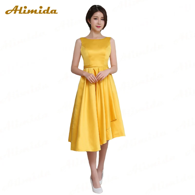 

ALIMIDA Short Evening Dress 2020 Yellow Satin Wedding Party Dress O-Neck Prom Dress with Sashes vestido de festa