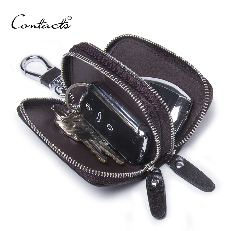 CONTACT\'S Genuine Leather Car Key Wallets Fashion Key Holder Housekeeper Keys Organizer Double Zipper Keychain Case Key Pouch