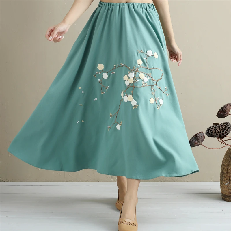 LZJN-Embroidery Long Skirt for Women, Fashion Chinese Clothing, High Waist, Aqua Flare Skirts, Saia, Longa, Summer