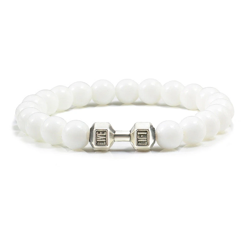 Natürliche Vulkanstein Armband Männer Matte Schwarz Lave Weiße Perlen Charme Hantel Strang Armbänder Frauen Barbell Fitness Schmuck
