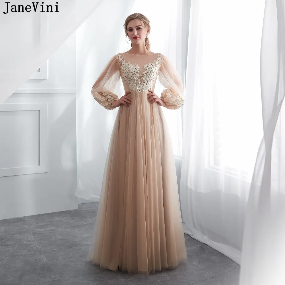 

JaneVini 2018 Elegant Bridesmaid Dresses Champagne Long Sleeves A Line Lace Appliques Zipper Back Women Formal Tulle Prom Gowns