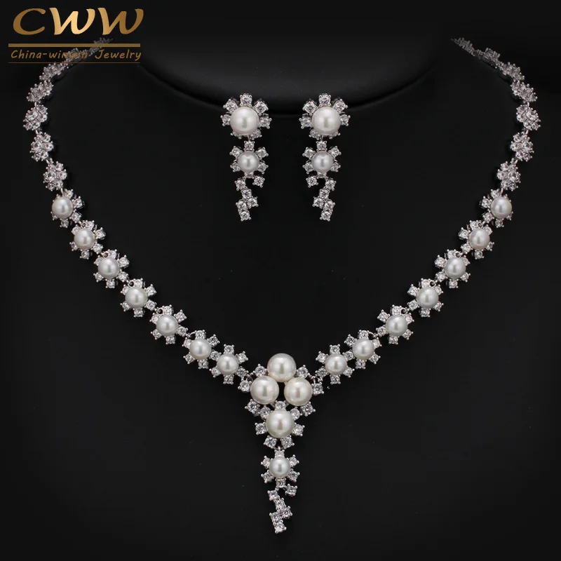 CWWZircons High Quality Round CZ Stones Setting Large Pearl Dorp Earrings And Necklace Jewelry Sets For Wedding T249