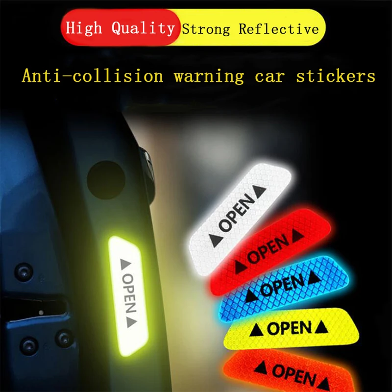 4pcs Car door safety anti-collision warning reflective stickers OPEN stickers long-distance reflective paper decorative stickers