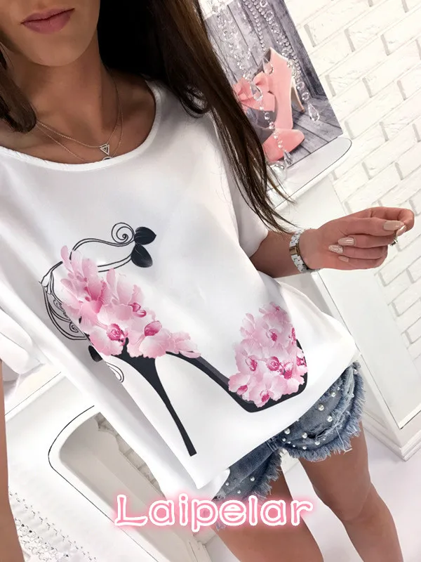 Women Short Sleeve High Heels Printed Tops Beach Casual Loose Blouse Top  Shirt Laipelar