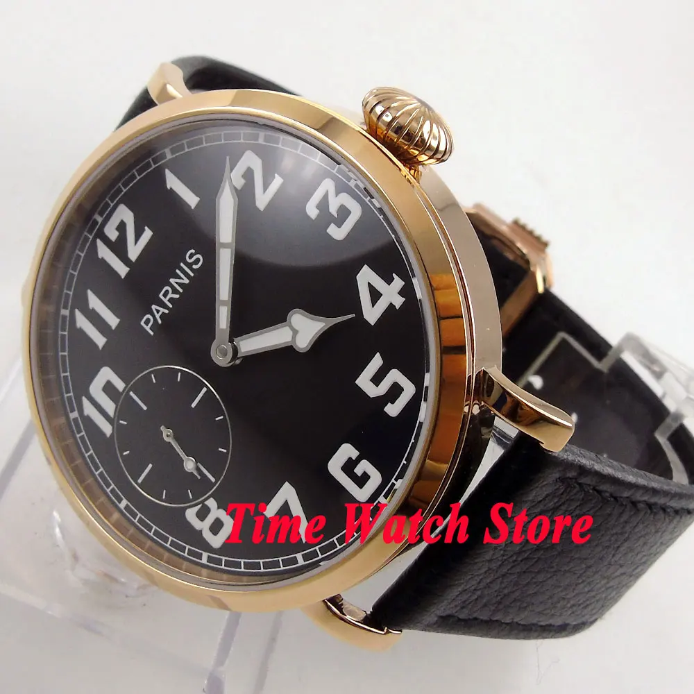 

Parnis 46mm Rose Gold Mens Watch 6497 Hand Winding Movement Black Dial Luminous Arabic Numbers Small Seconds Leather Strap