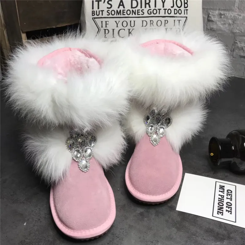 Girl\'s Bling Rhinestone Embellished White Fox Fur Snow Boots Girl\'s Winter Pink Suede Flat Warm Plush Crystal Ankle Boots Shoes