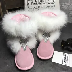 Girl's Bling Rhinestone Embellished White Fox Fur Snow Boots Girl's Winter Pink Suede Flat Warm Plush Crystal Ankle Boots Shoes