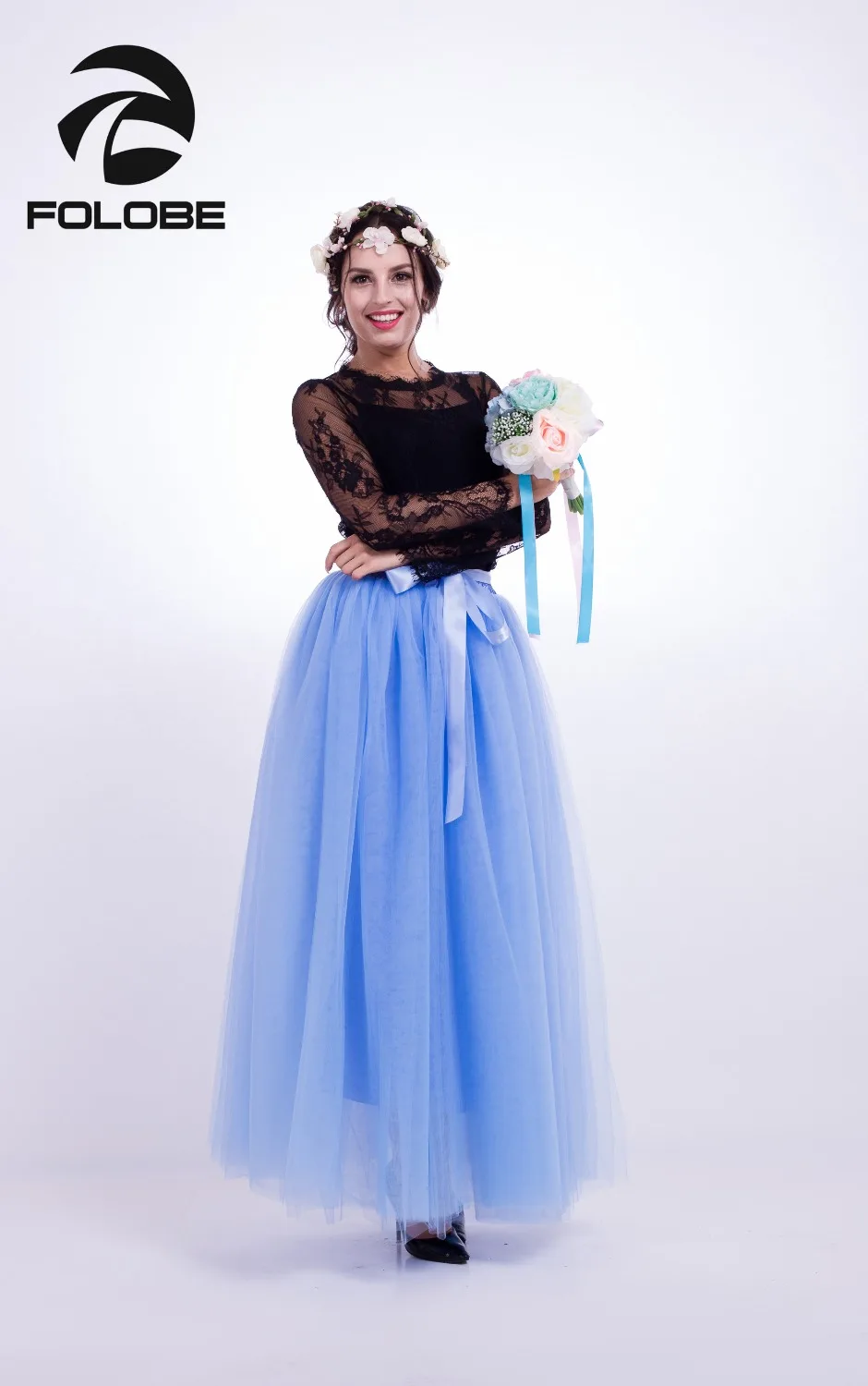 

FOLOBE Fashion 7 Layers 100cm Lake Blue High Waisted Tulle Skirt Long Tulle Skirts Womens Adult tutu Faldas Saias Feminina