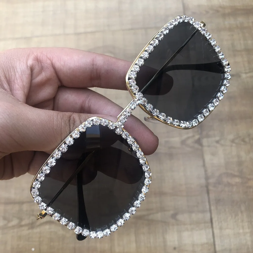 Big Metal Mens Square Sunglasses Diamond Mirrored  Trendy Oversized Women Sun Glasses Crystal Clear Lens Eyewear Gafas de sol