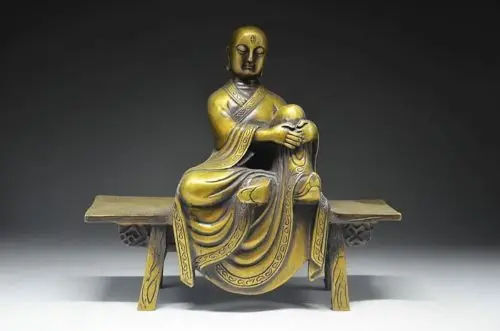 8.07 inch / Elaborate ancient Chinese brass Buddha sitting on the bench statue