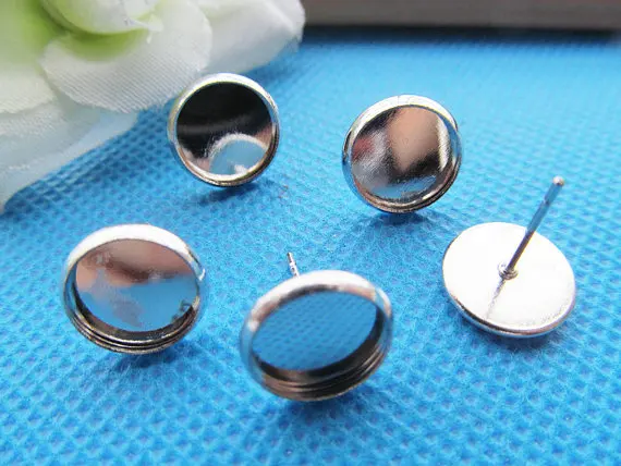 10pcs Silver tone/Antique Bronze Adjustable Blank Earring Ear Stud,Round Base Setting Tray Charm/Finding,fit 12mm Cabochon/Cameo