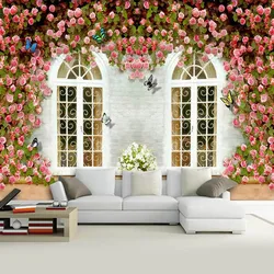 Custom Mural Wallpaper 3D Creative Romantic Flowers Window Wall Painting Living Room TV Sofa Bedroom Pastoral Papel De Parede 3D