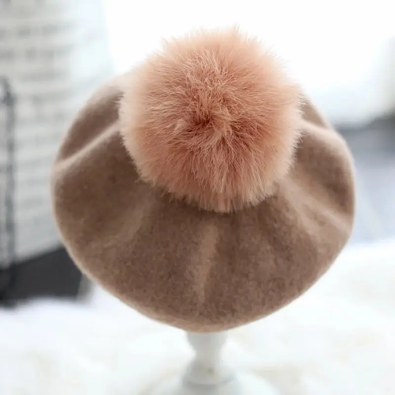 VISROVER new beret hat female winter knitted wool cap fake fur pompom hat solid color top quality Women Boina Feminina