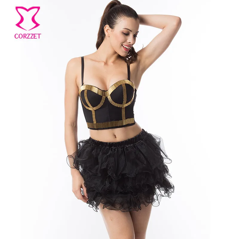 

Punk Gold Tube Beads Stud Soutien Gorge Push Up Bra Bustier Skirt Set Crop Top Brassiere Underwear Women Bras Burlesque Bralette