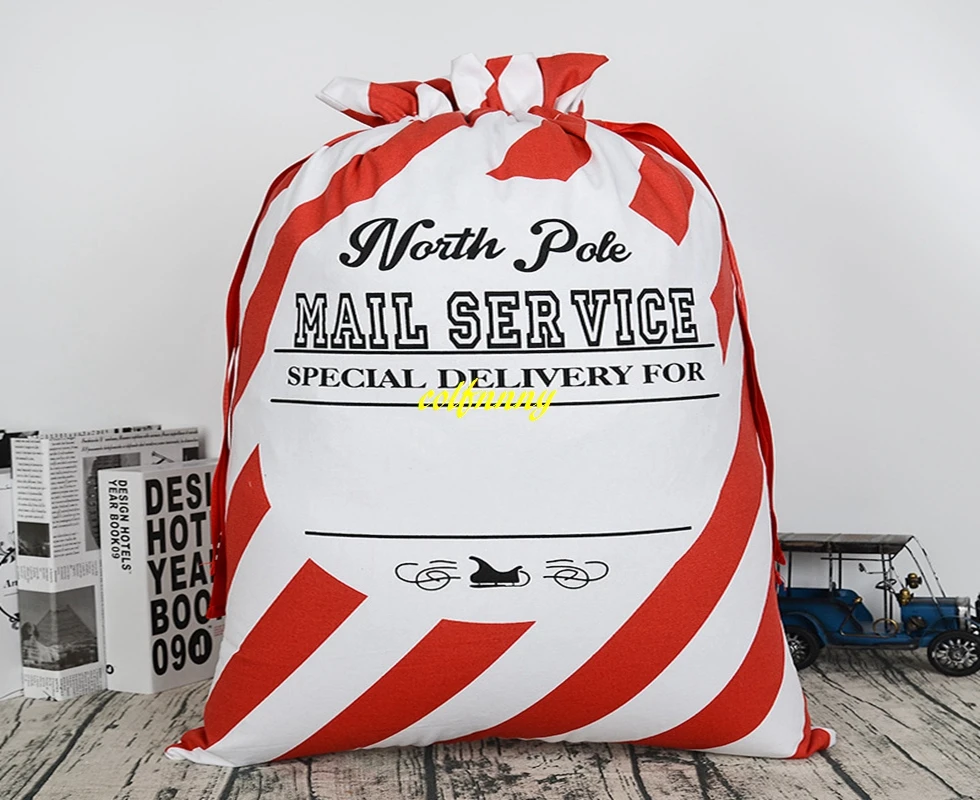 

100pcs/lot Red strip Christmas Santa Bags Large Canvas Santa Sack canvas Santa Claus Drawstring rope bag 50*70cm