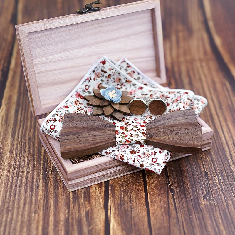 3d Wooden Bow Ties for Men men\'s tie Wood Bowtie Handmade Butterfly Black Walnut Wood Bow Tie Gravata gift Cufflink handkerchief