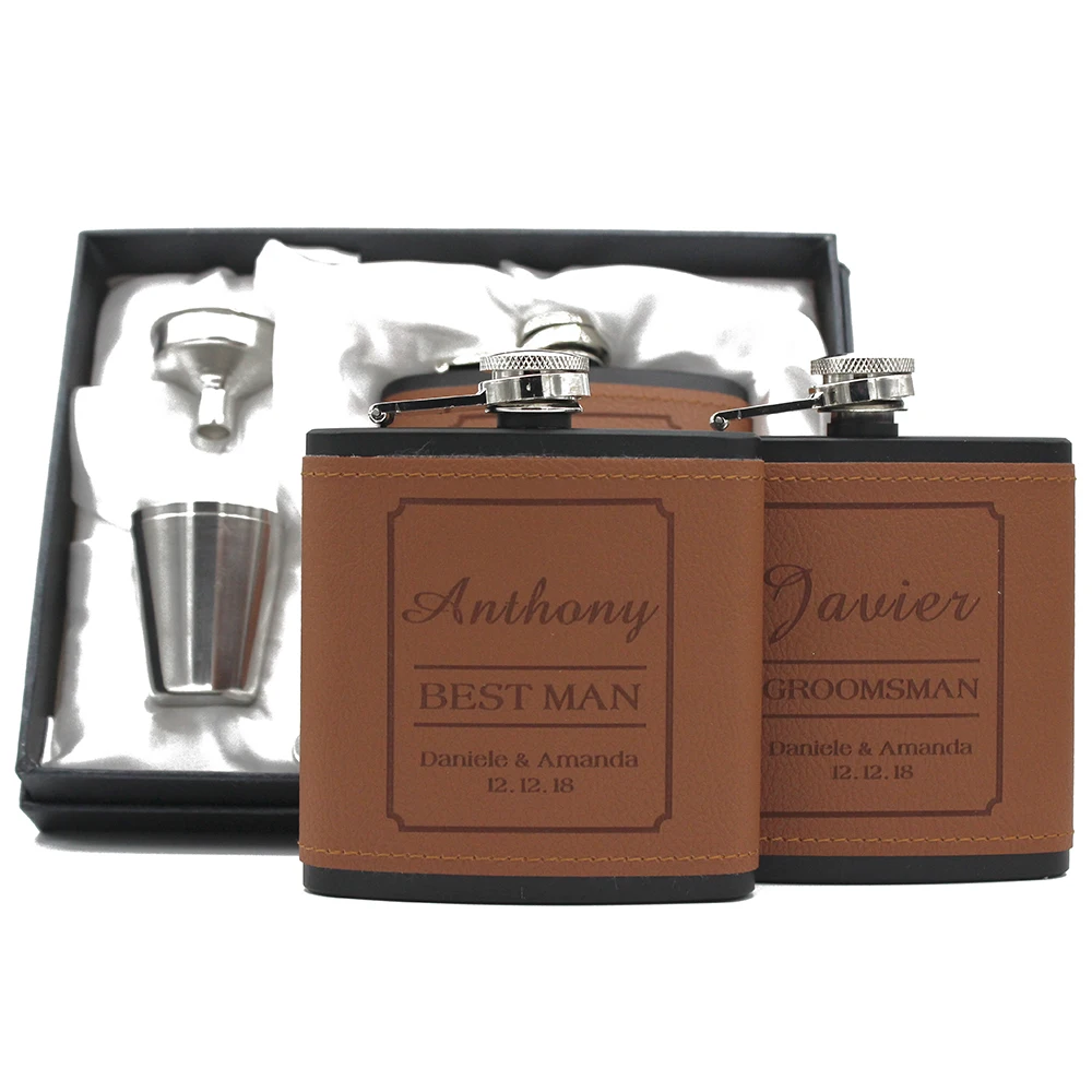 

Stainless Steel Hip Flask Set, Personalized Engraved, Best Man, Groom Wedding, Birthday Party Gift Favors, 6oz, 3sets