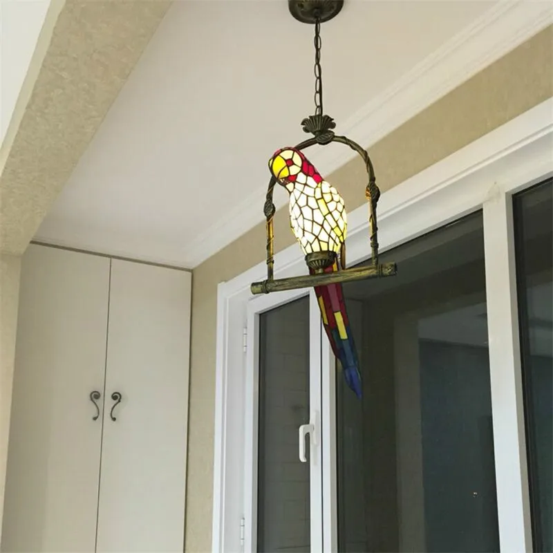 Stained Glass Parrot Light Antique Art Glass Bird Pendant Lamp Living Room Glass Shade Light Fixture LED Pendant Lights