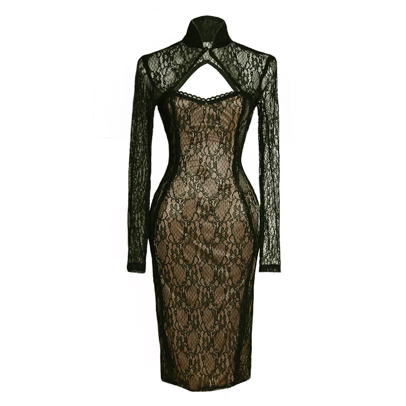 

Sexy Retro Temperament High Waist Black Long Sleeve Hollow Out Backless Sexy Lace Dress Audrey Hepburn 1960s Black Vintage Dress