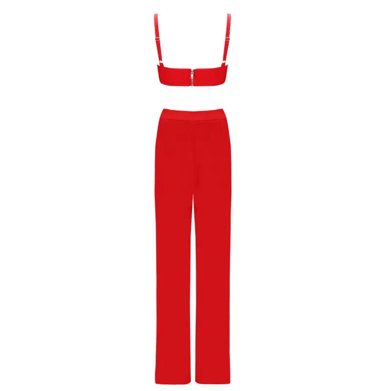 New hot sexy 2 pieces set red boot cut style women Bodycon Bandage Jumpsuit celebrity evening party bodysuit bandage playsuit