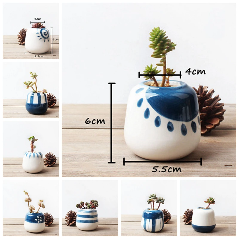 Pack of 8pcs Cerulean Blue Mini Ceramic Planters for Succulents Cactus Plants Handmade Porcelain Pots Tabletop Home Decor