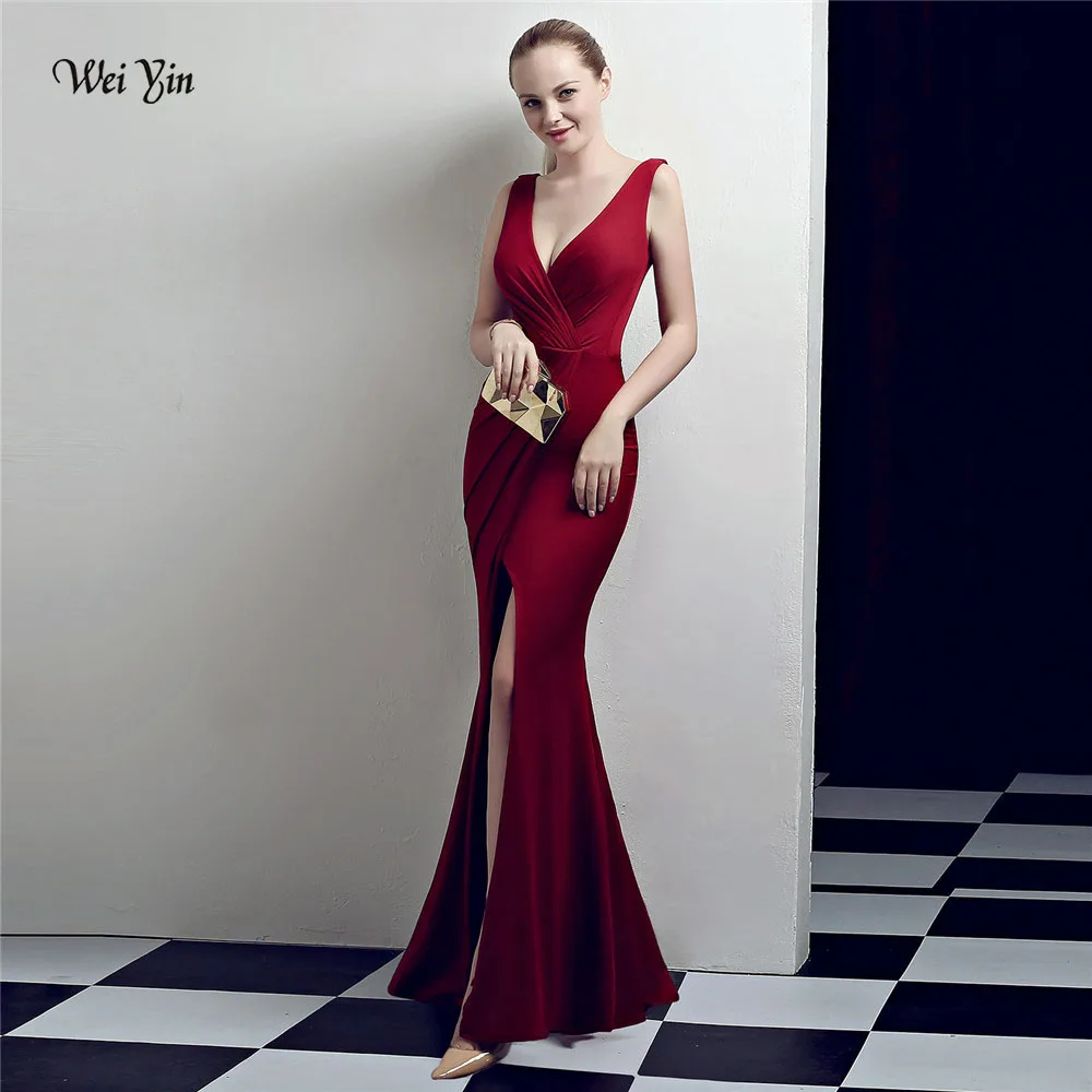 

weiyin Wine Red Mermaid Evening Dress 2023 Sexy Sleeveless Split Formal Celebrity Long Evening Gown Dresses robe longue WY1031