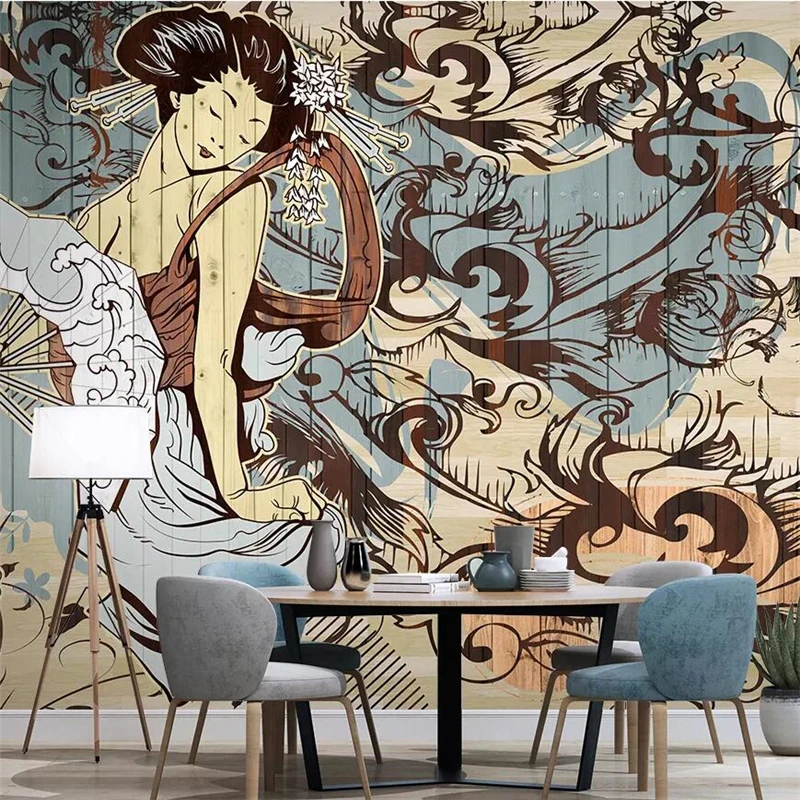 wellyu Japanese ukiyo-e painted wood grain wood modern minimalist TV background wall painting custom large mural wallpaper