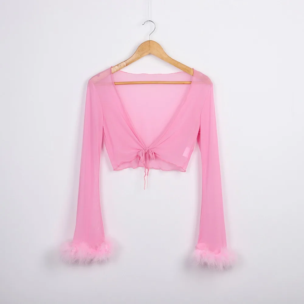 Sexy V Neck Mesh Tracksuit Two Piece Sets Women Crop Top and Pants Autumn Fluffy Costume Pink Hip Hop Sweat Suits See Through