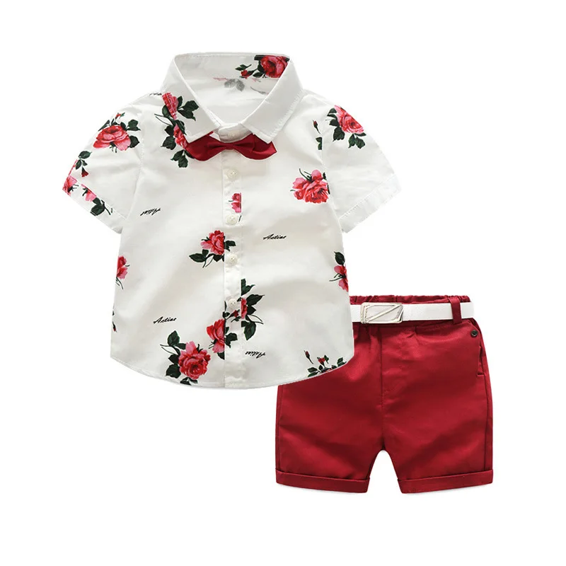 Boys Party Clothes Floral Printed Shirt with Solid Shorts Belt for 1 2 3 4 5 6 7 Years Kids Summer Set Baby Valentine\'s Day Suit