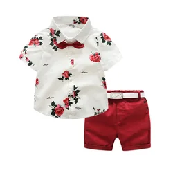 Boys Party Clothes Floral Printed Shirt with Solid Shorts Belt for 1 2 3 4 5 6 7 Years Kids Summer Set Baby Valentine's Day Suit