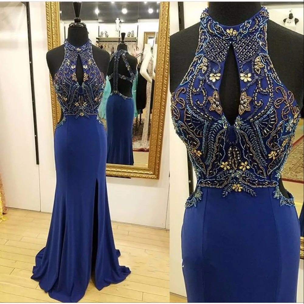 XingPuLanEr Mermaid Cao Cổ Không Tay Sexy Lại Cườm Sequins Cao Chia Màu Xanh Hải Quân Đàn Hồi Satin Pageant Buổi Tối Ăn Mặc