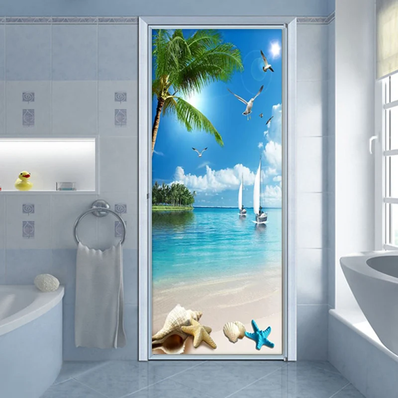 

Beach Sea Door Sticker 3D PVC Self-Adhesive Waterproof Wallpaper Paste Living Room Bathroom Wall Decal Toilet Door Stickers