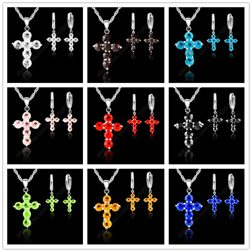 10Color To Choose 925 Sterling Silver Austrian Crystal Cross Pendant Necklace Earrings Jewelry Sets Stock 24 Hours