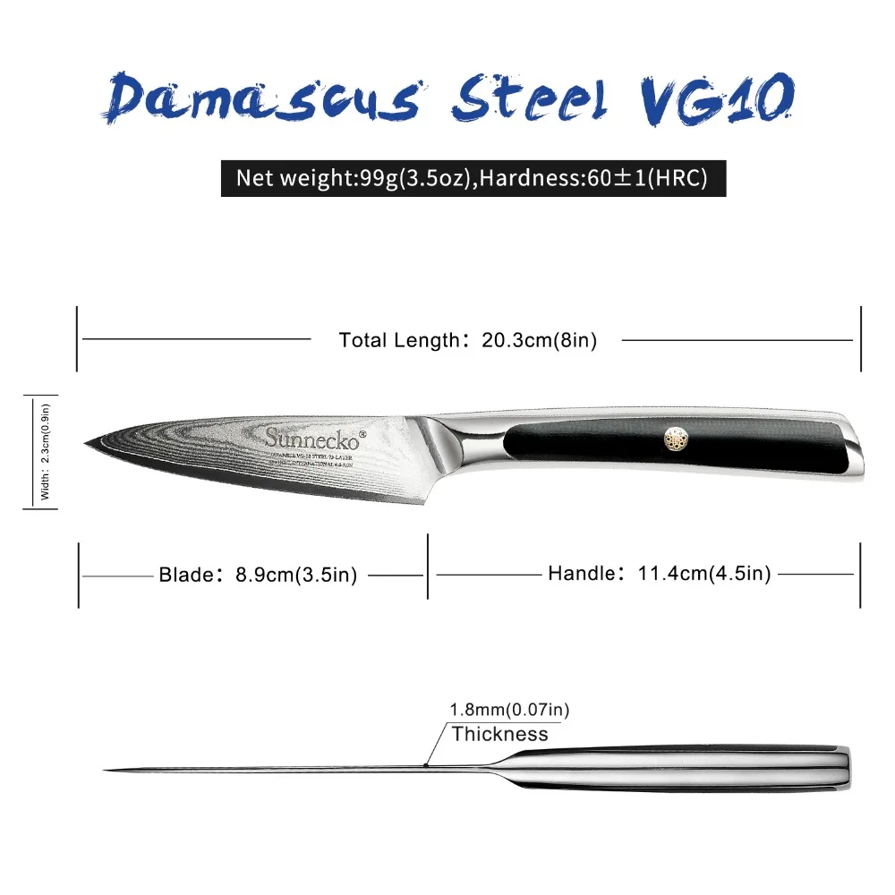 SUNNECKO 3.5 inch Paring Knife Damascus Japanese VG10 Core Steel Blade Kitchen Knives Sharp Fruit Peeling Cutter Tool G10 Handle