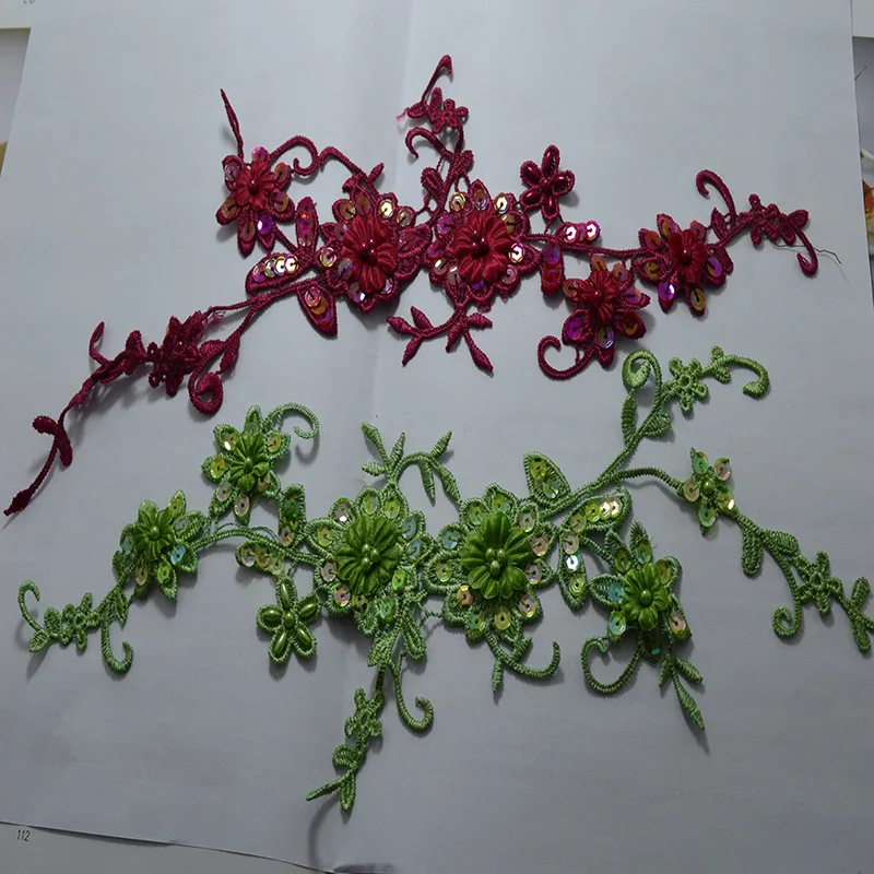 1Piece 36*11Cm Brown Red Green Pink Yellow Wedding Dress Decorated Sequin Organza  Flower Applique Sew On Lace Patches Dress