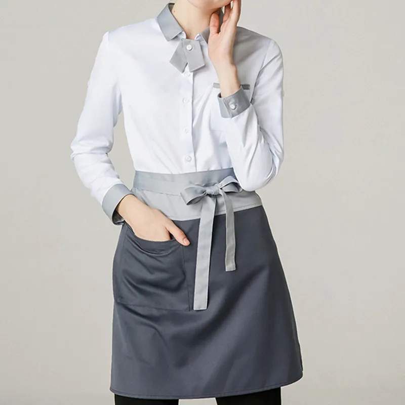 Poly Cotton Waist Apron & Catering Shirt Barista Bartender Waiter Bistro Uniform Restaurant Waitress Hotel Staff Work Wear D24